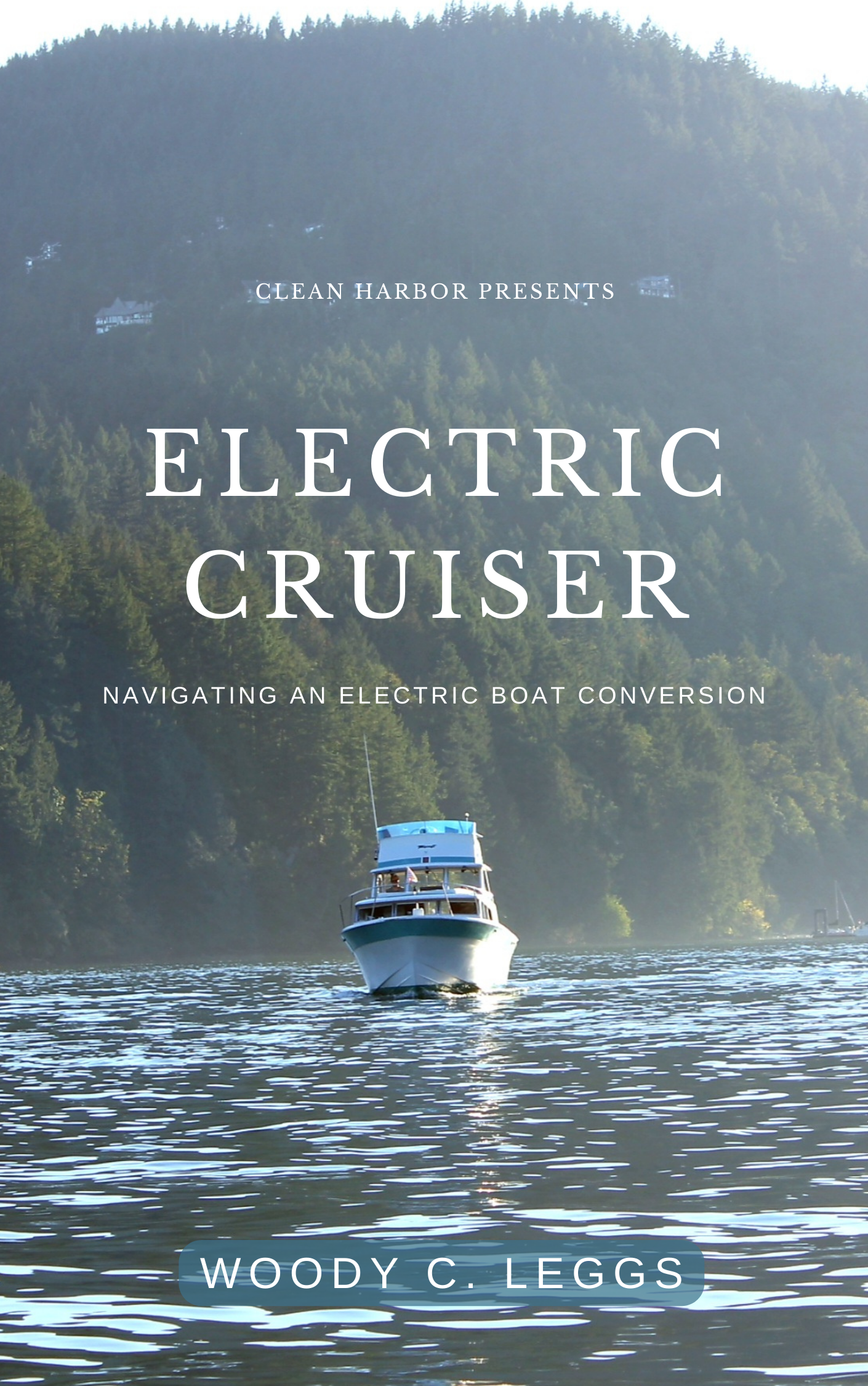 A cabin cruiser electric boat underway in a scenic pacific northwest. harbor